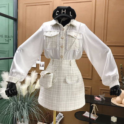 Conjunto de 3 Piezas Tweed Falda Cintura Alta con Bolso y Chaqueta - Image 7