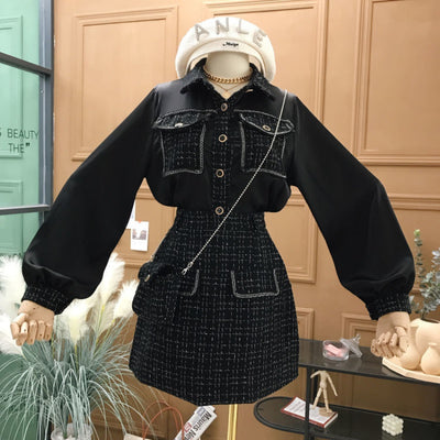 Conjunto de 3 Piezas Tweed Falda Cintura Alta con Bolso y Chaqueta - Image 9