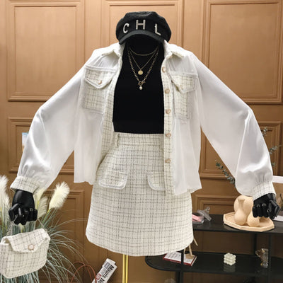 Conjunto de 3 Piezas Tweed Falda Cintura Alta con Bolso y Chaqueta - Image 10