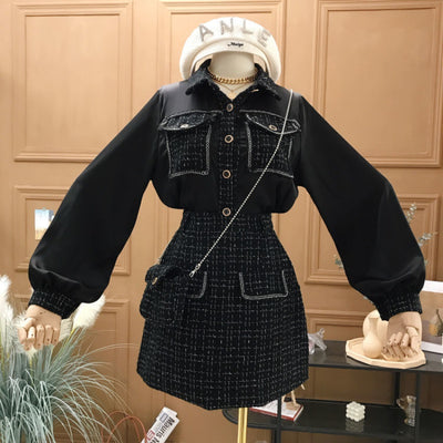Conjunto de 3 Piezas Tweed Falda Cintura Alta con Bolso y Chaqueta - Image 3