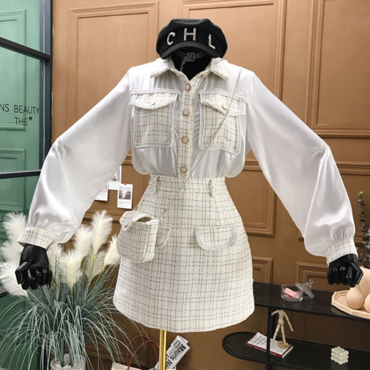 Conjunto de 3 Piezas Tweed Falda Cintura Alta con Bolso y Chaqueta - Image 2