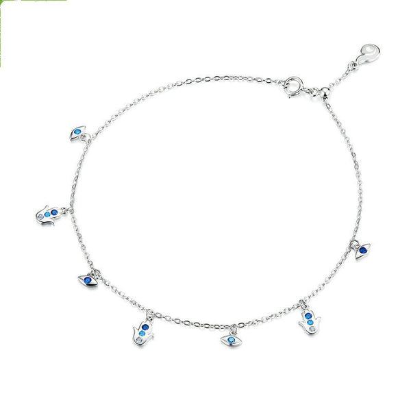 Pulsera Tobillera de Plata con Ojo Azul y Palma Protectora - Image 3