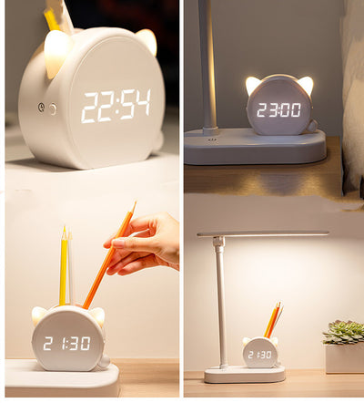 Lámpara LED de Escritorio con Protección Ocular, Reloj, Cargador USB y Soporte para Bolígrafos - Image 2