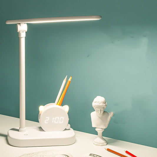 Lámpara LED de Escritorio con Protección Ocular, Reloj, Cargador USB y Soporte para Bolígrafos