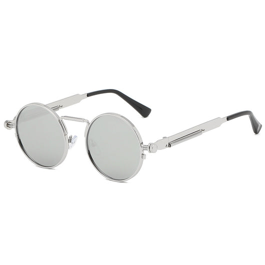 Round red lens sunglasses with a black metal frame and unique spring-leg temples on a white background. - Image 10