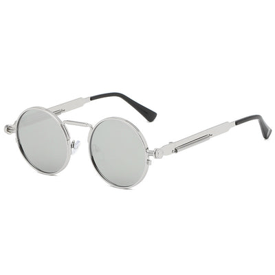 Round red lens sunglasses with a black metal frame and unique spring-leg temples on a white background. - Image 3