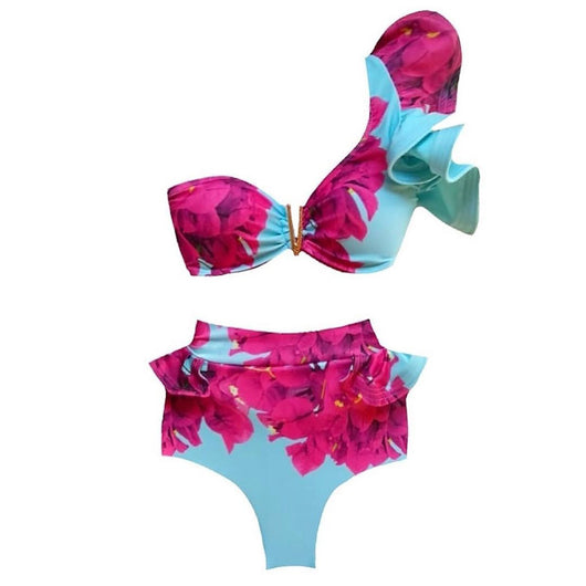 Women's black and white striped high-waisted bikini with orange ruffles and a large orange bow. - Image 9
