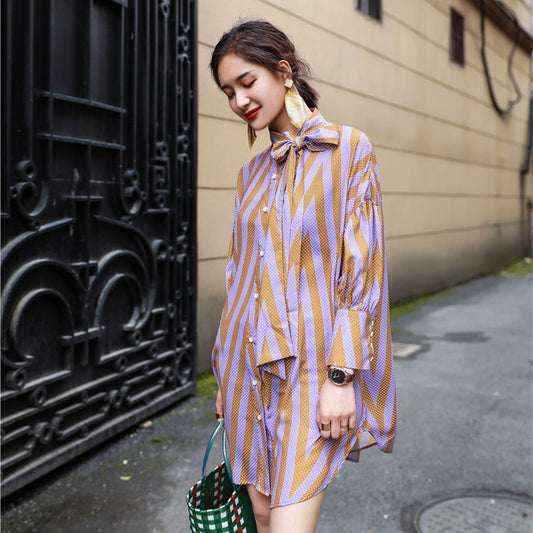 Vestido Camisero con Cuello Solapa y Estampado Diamante Retro