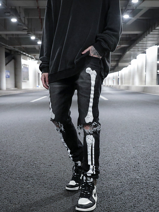 Jeans Slim Fit Rotos con Estampado de Calavera y Detalles de Bigotes de Gato - Image 3