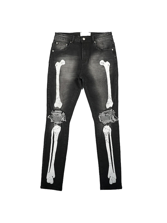 Jeans Slim Fit Rotos con Estampado de Calavera y Detalles de Bigotes de Gato