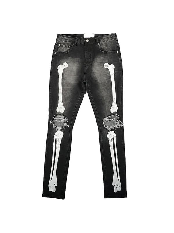 Jeans Slim Fit Rotos con Estampado de Calavera y Detalles de Bigotes de Gato
