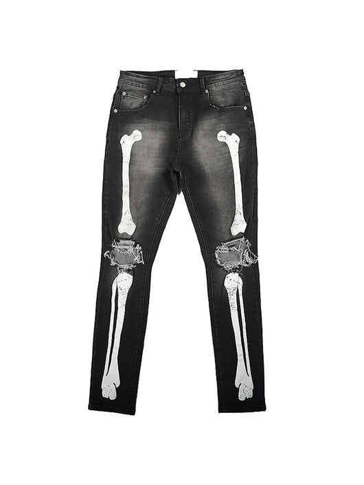 Jeans Slim Fit Rotos con Estampado de Calavera y Detalles de Bigotes de Gato