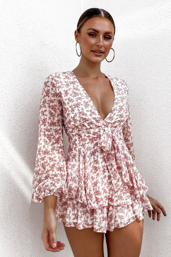 Jumpsuit Estampado con Volantes y Escote en V Sexy de Manga Larga