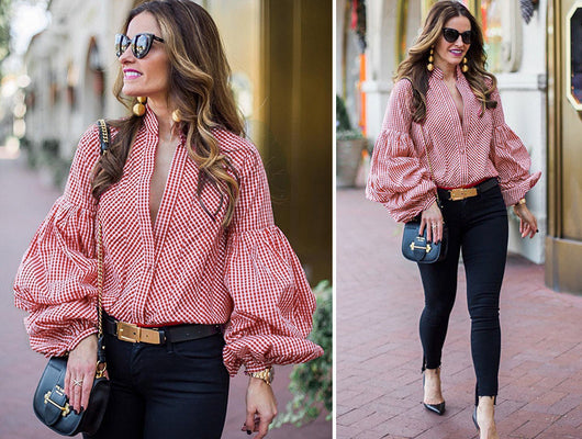 Camisa Cuadriculada con Cuello V y Mangas Abullonadas - Estilo Europeo - Image 7