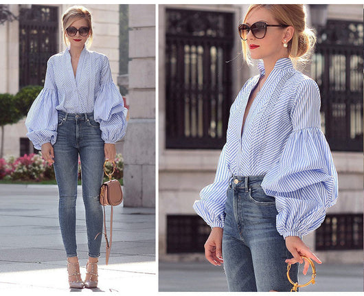 Camisa Cuadriculada con Cuello V y Mangas Abullonadas - Estilo Europeo - Image 9