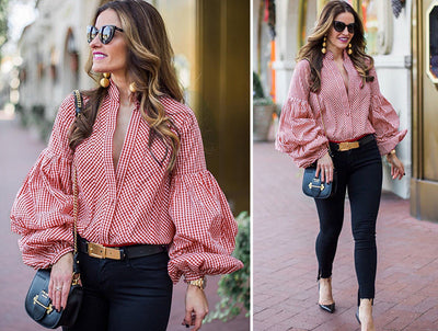 Camisa Cuadriculada con Cuello V y Mangas Abullonadas - Estilo Europeo - Image 2