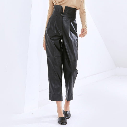 Pantalón Carrot de Cuero PU Talle Alto Casual para Mujer - Image 5