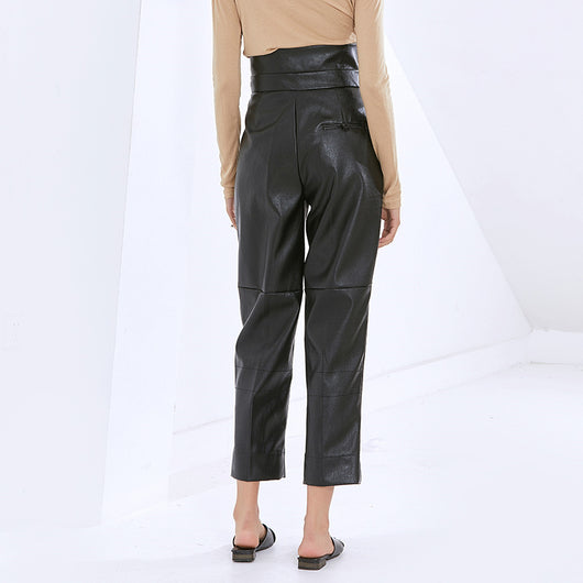 Pantalón Carrot de Cuero PU Talle Alto Casual para Mujer