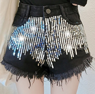 Shorts Anchos de Tiro Alto con Lentejuelas Doradas