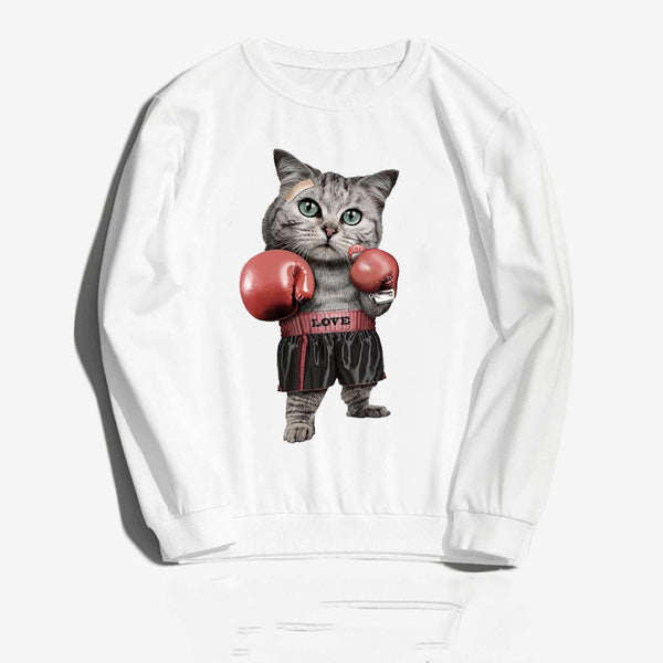 Sudadera Hip-Hop Cuello Redondo con Gato Boxeador - Estilo Urbano Velvetón