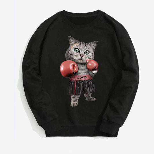 Sudadera Hip-Hop Cuello Redondo con Gato Boxeador - Estilo Urbano Velvetón