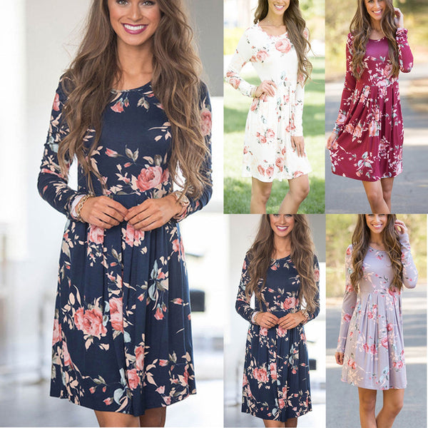 Vestido Floral Elegante para Mujer Manga Larga Cintura Alta Escote Redondo