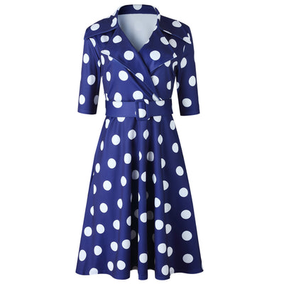 Traje de Vestir con Cuello de Lunares y Cinturón Talla Grande - Image 14