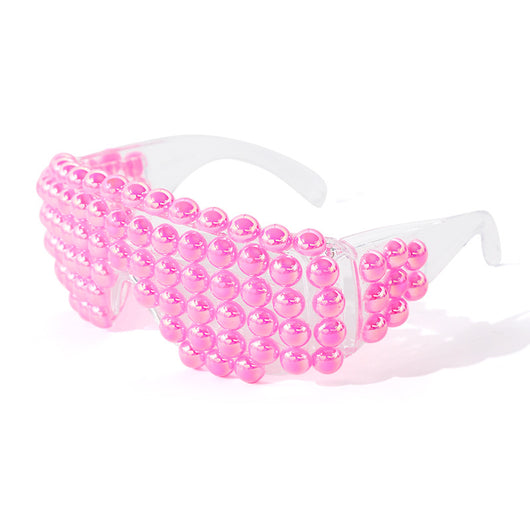 Clear shield sunglasses with multiple rows of colorful, iridescent round beads covering the front, on a white background. - Image 10