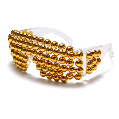 Clear shield sunglasses with multiple rows of colorful, iridescent round beads covering the front, on a white background. - Image 4