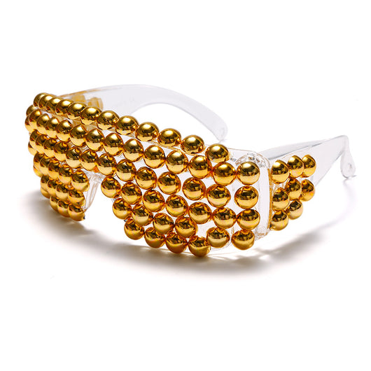 Clear shield sunglasses with multiple rows of colorful, iridescent round beads covering the front, on a white background. - Image 4