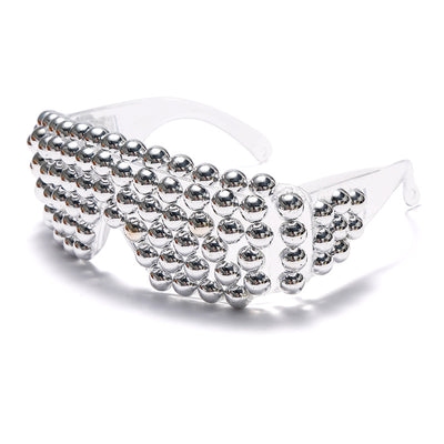 Clear shield sunglasses with multiple rows of colorful, iridescent round beads covering the front, on a white background. - Image 5