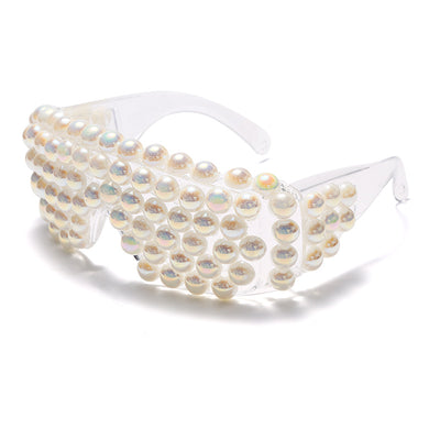 Clear shield sunglasses with multiple rows of colorful, iridescent round beads covering the front, on a white background. - Image 3