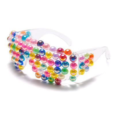 Clear shield sunglasses with multiple rows of colorful, iridescent round beads covering the front, on a white background. - Image 6