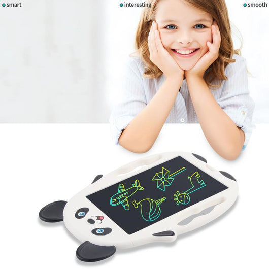 White panda-shaped LCD drawing board with a black screen and a white stylus for kids to doodle and write. - Image 4