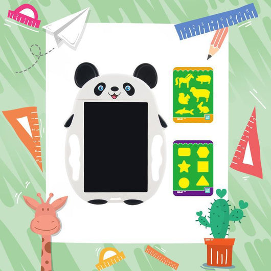 White panda-shaped LCD drawing board with a black screen and a white stylus for kids to doodle and write. - Image 5