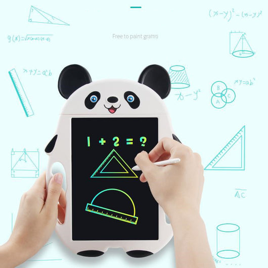 White panda-shaped LCD drawing board with a black screen and a white stylus for kids to doodle and write. - Image 3