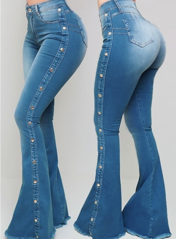 Pantalones Denim Acampanados de Cintura Alta con Elastano para Mujer