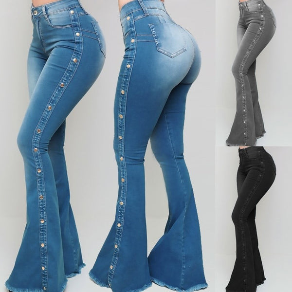 Pantalones Denim Acampanados de Cintura Alta con Elastano para Mujer