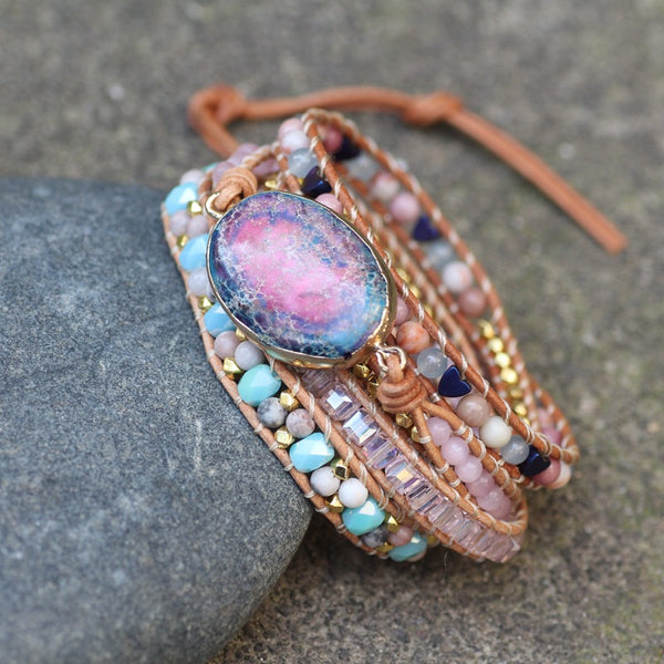 Pulsera de Cuero Trenzado Turquesa con Envolvente Ajustable