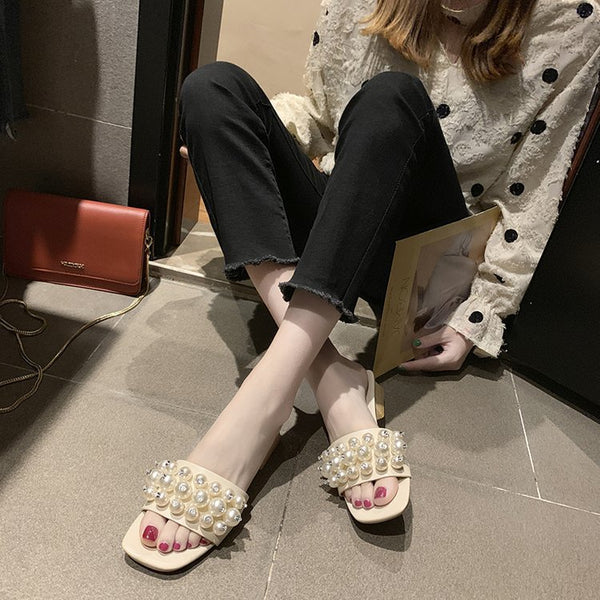Sandalias de Tacón Grueso con Cristales y Perlas para Mujer