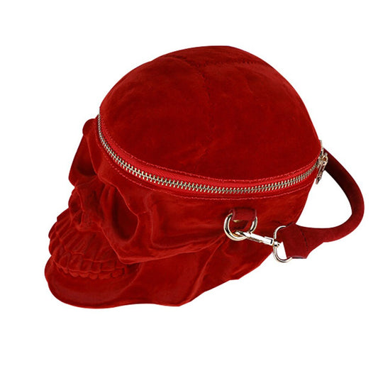 Bolso Gótico de Terciopelo con Calavera 3D - Cartera Negra con Cierre Cremallera