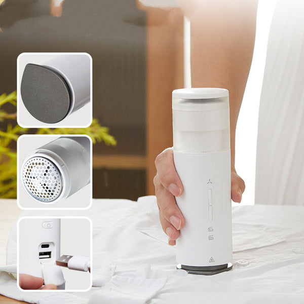 White wireless handheld electric iron and lint remover in use on a white shirt, with close-ups of its features. - Image 3