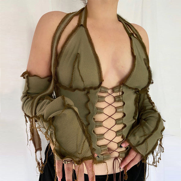 Camiseta Manga Larga con Amarre Halter al Pecho