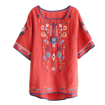 Playera Suelta Bordada Cuello Redondo Manga Corta Talla Grande para Mujer