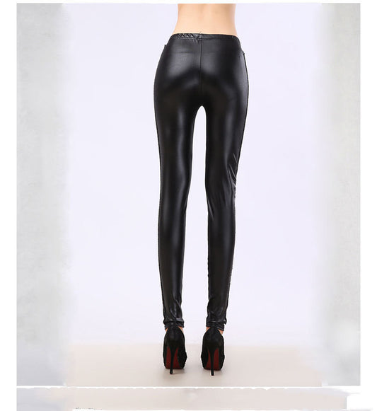 Leggings de Cuero Sintético con Encaje Rosa de Nueve Puntos
