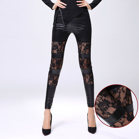 Leggings de Cuero Sintético con Encaje Rosa de Nueve Puntos - Image 4