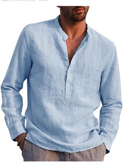 Camisa de Lino Manga Larga Cuello V para Hombre - Estilo Casual Playa - Image 11