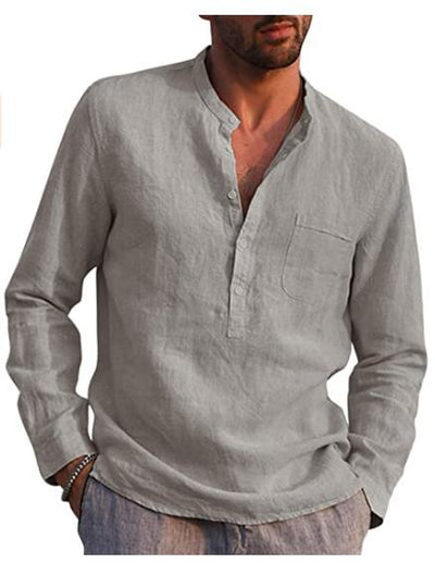 Camisa de Lino Manga Larga Cuello V para Hombre - Estilo Casual Playa - Image 17
