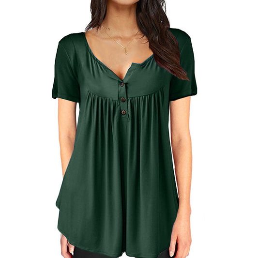 Blusa Suelta con Pliegues y Botones - Camiseta Manga Corta Mujer - Image 2