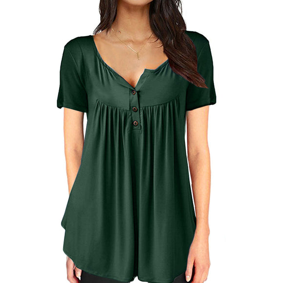 Blusa Suelta con Pliegues y Botones - Camiseta Manga Corta Mujer